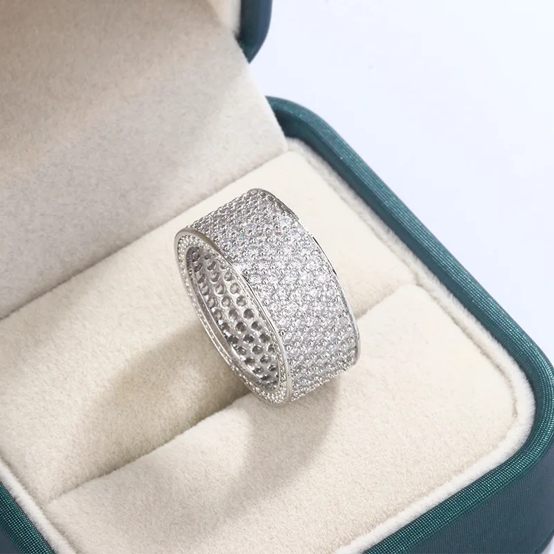 925 Silver Plated New Fashion Five Row Full Diamond Men's Ring Flash Diamond Party Wedding Jewelry Gift