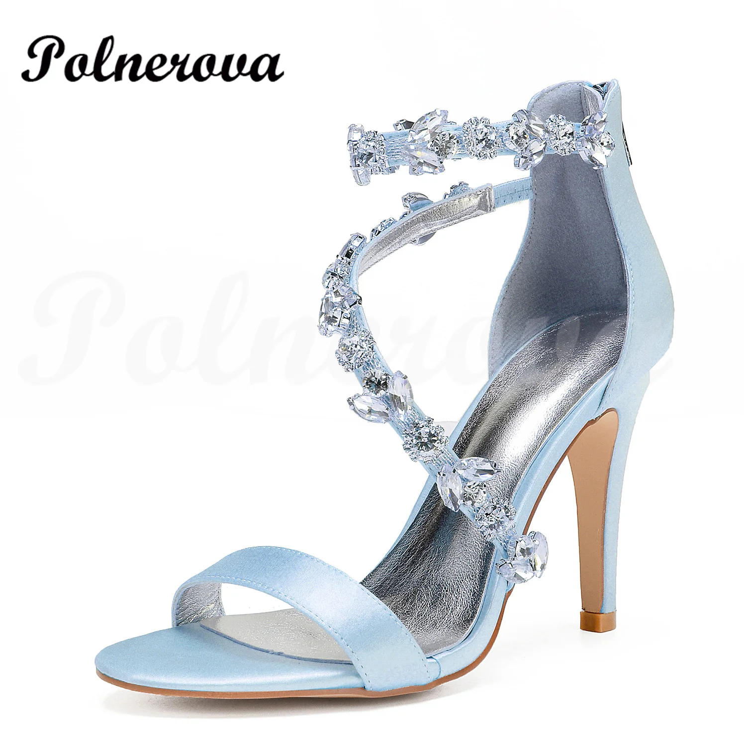 Violet Satin Rhinestone High-Heeled Sandals Summer New Fashion Word with Back Zipper High-Heeled Shoes Blue Stiletto Sandals