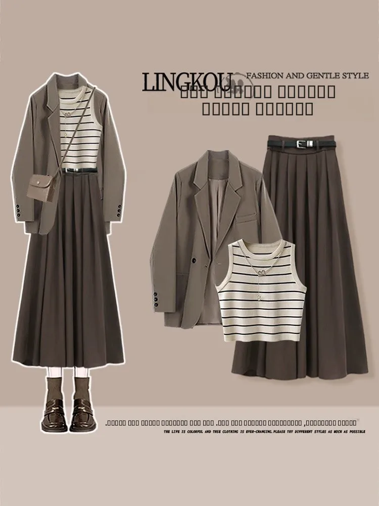 

Faionable plus Size Autumn Set Women's Korean Sle Stripe Suit Jaet with High Waist Skirt Tee Piece Suit