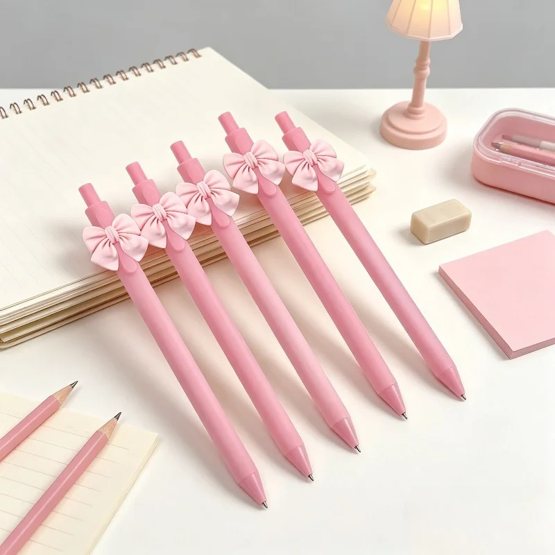 10Pcs Cute Pink Bow Decor Click Gel Pen Set,Smooth‑Writing 0.5mm Neutral Pens for Student School Journaling&Back‑to‑School Gifts
