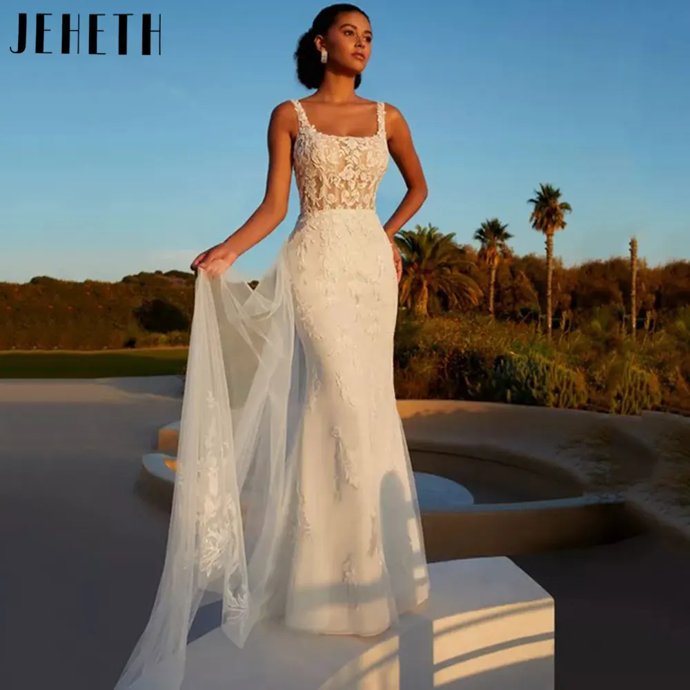 JEHETH Vintage Mermaid Applqiues Bride Gowns Elegant Square Collar Sleeveless Wedding Dresses Lace Backless Robe De Mariée 2024