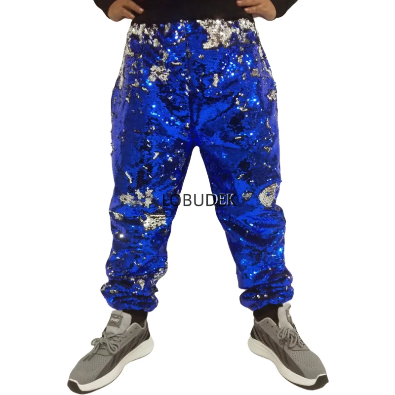 

Men Bar Nightclub Sequins Pants Silver Blue Double Sided Flip Loose Casual Trousers Dancer Team Hip Hop Party Dance Costume