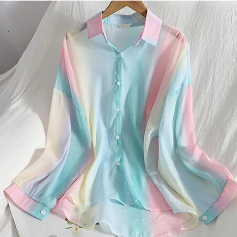 Women Chic Chiffon Rainbow Sun Protection Blouse Summer Loose See Through Thin Shirts Female Casual Long Sleeve Female Tops New