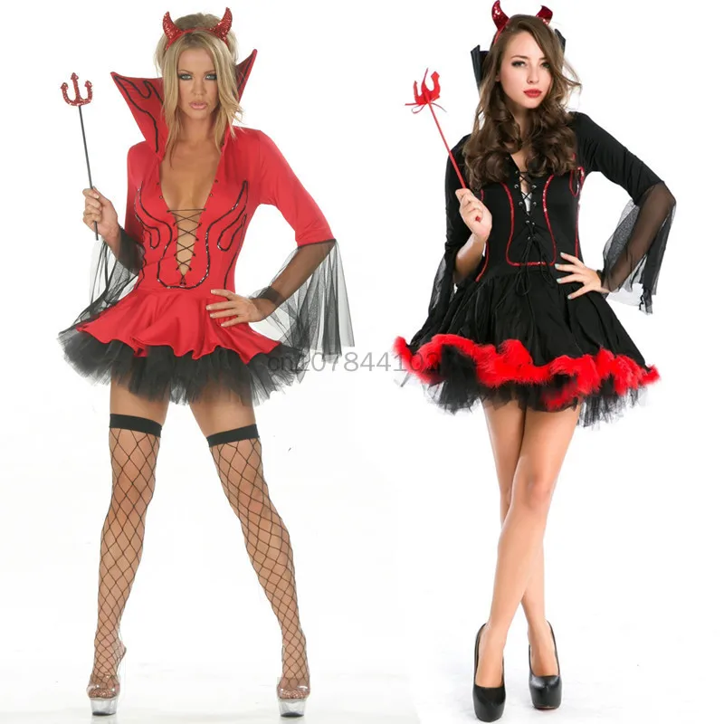 

Purim Black Devil Costume Women Vampire Costume Cosplay Sexy Adult Halloween Costumes for Women Red Fancy Carnival Party Dress