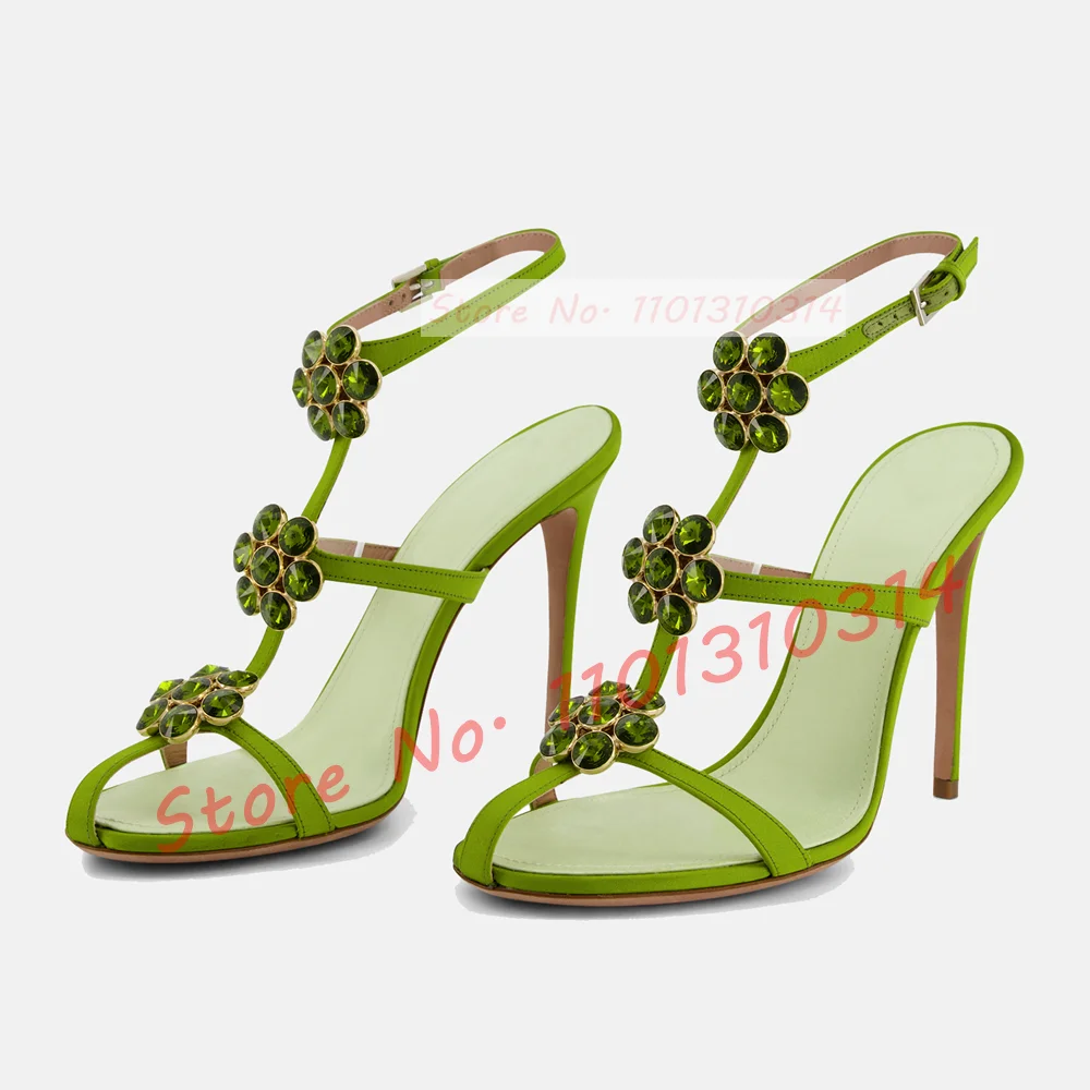 Gems Flowers Green Heeled Sandals Women Slender T-strap Bling Luxury Shoes 2023 Catwalks New Casual Party Summer Yellow Sandals