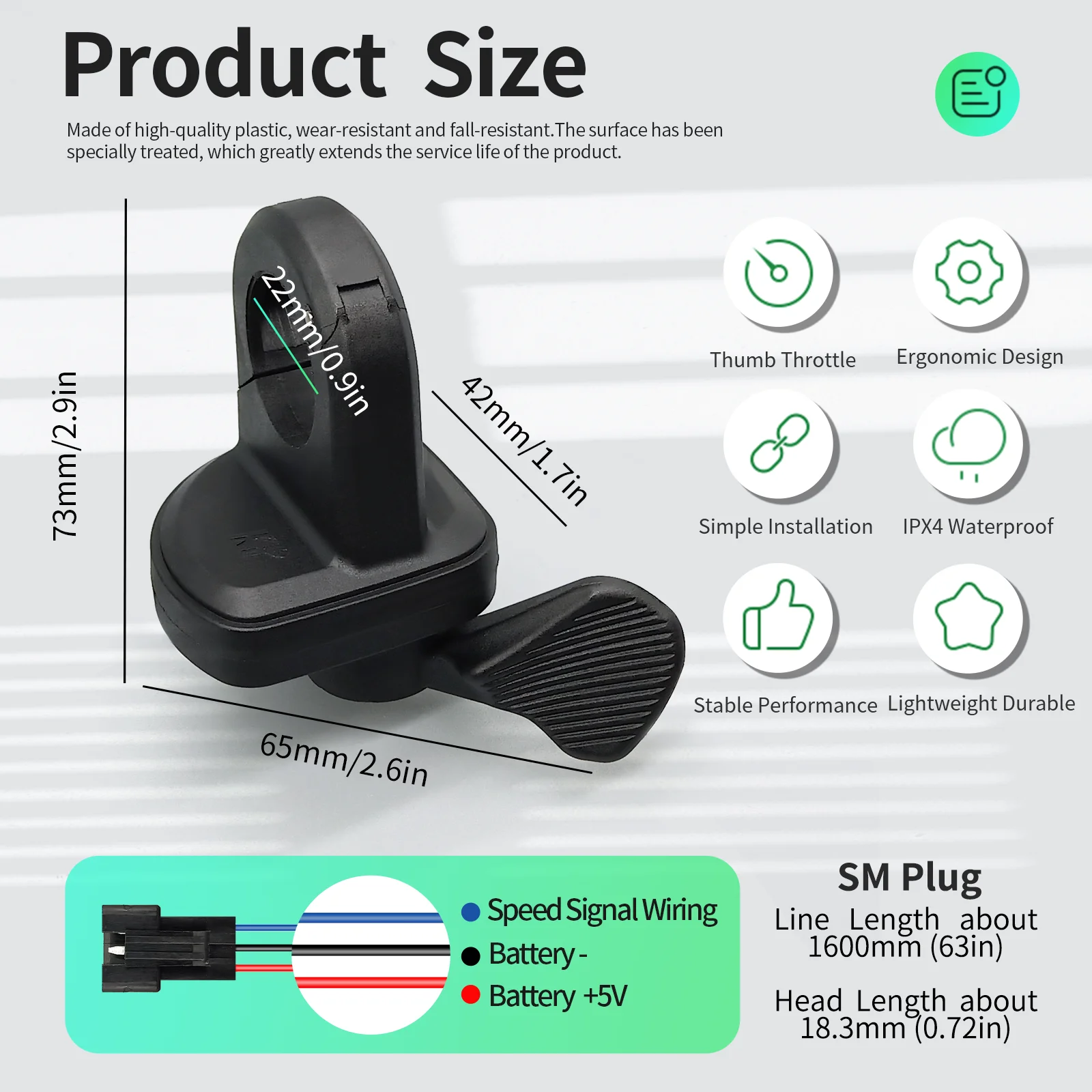 Electric bicycle right hand thumb throttle accelerator 3-pin male waterproof plug, suitable for 12V, 24V, 36V, 48V, 72V mountain