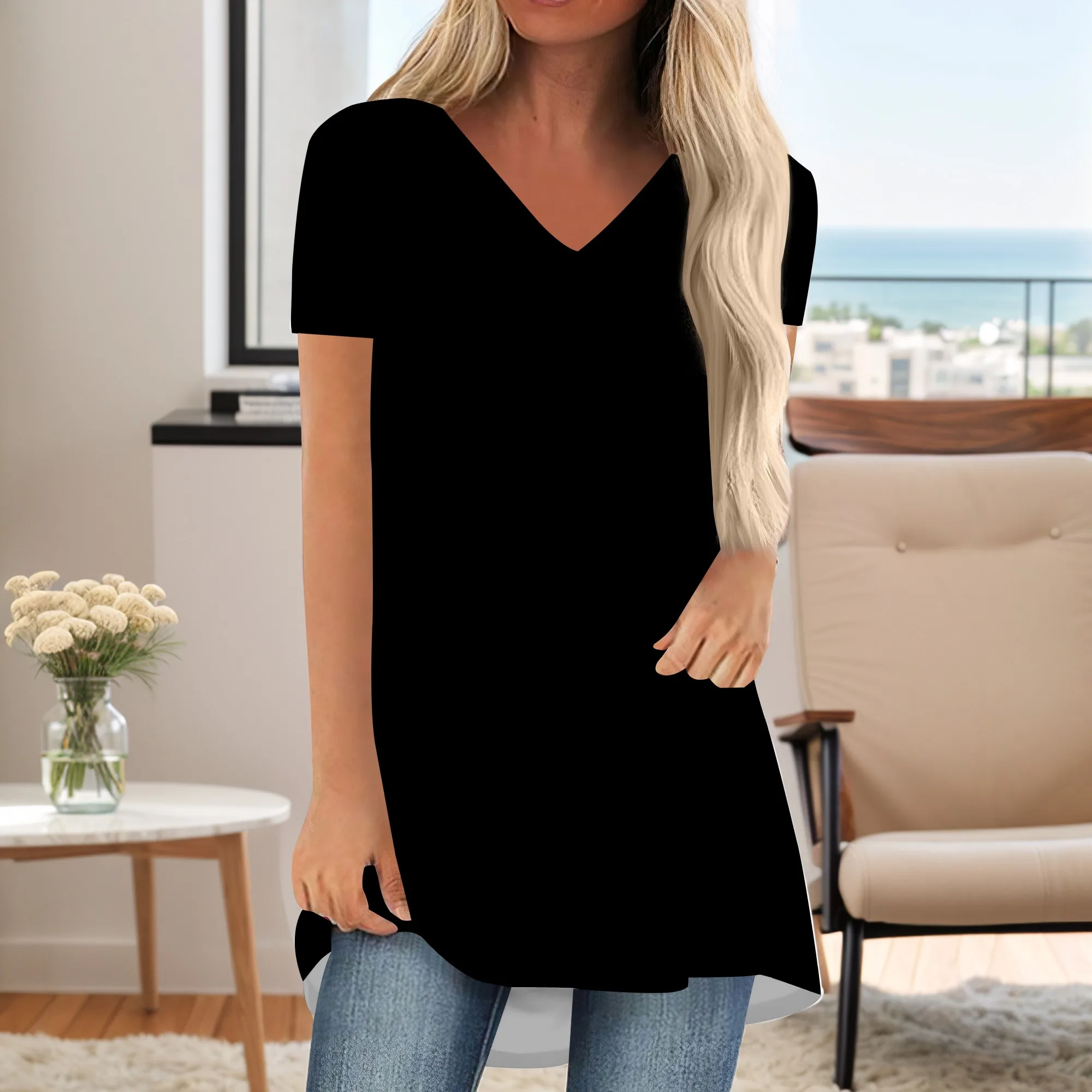 

Summer Short Sleeve Tunic Long Tops for Women Trendy Plus Size Flowy Shirts Casual Sexy V Neck Smocked Floral Blouse