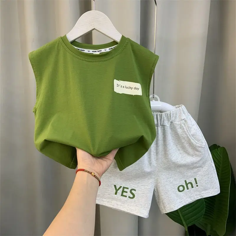 2024 Boy’s Loose Vest Sets Baby Casual Fashion Suit Summer New Children's Thin Sleeveless Round Neck Top Shorts 2Pcs 12M-6 Years