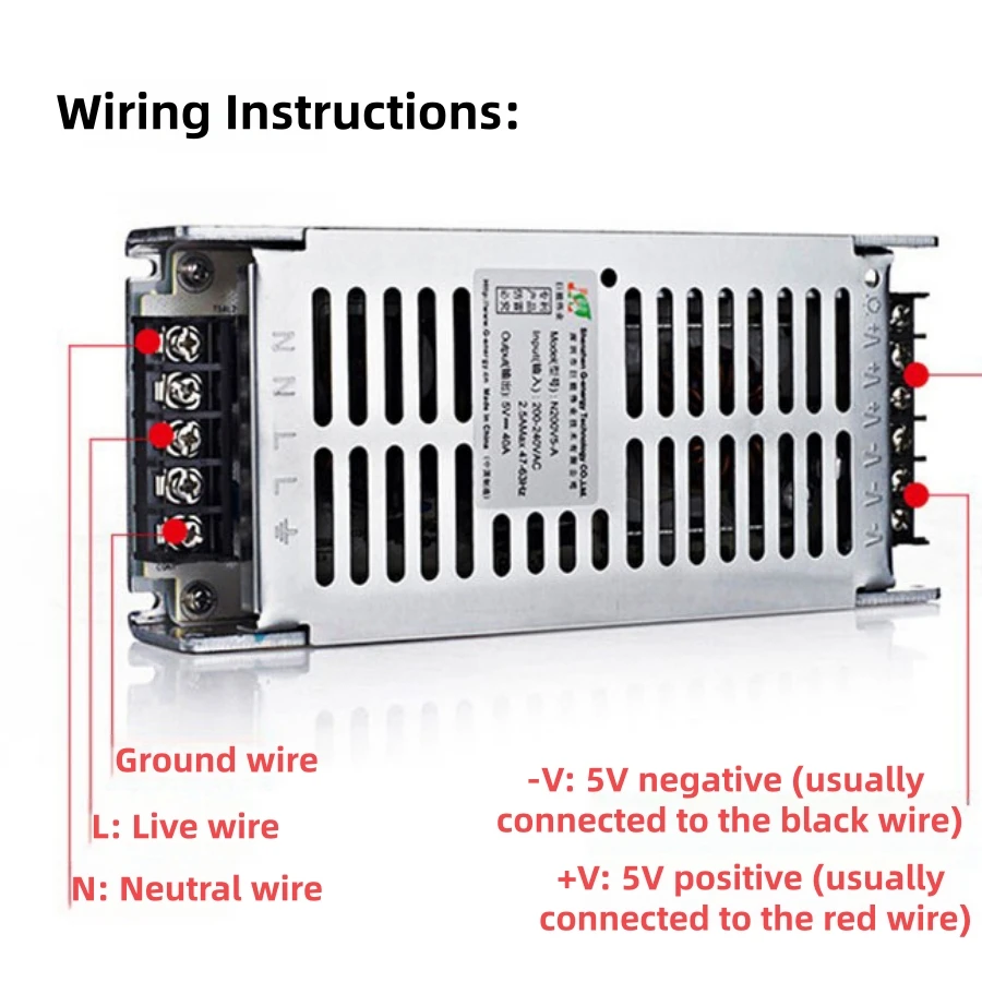 5V 40A 200W LED Power Supply – IP67 Waterproof, 200-240V AC Input, Built-in Protection, Indoor/Outdoor Use for LED Displays & Di