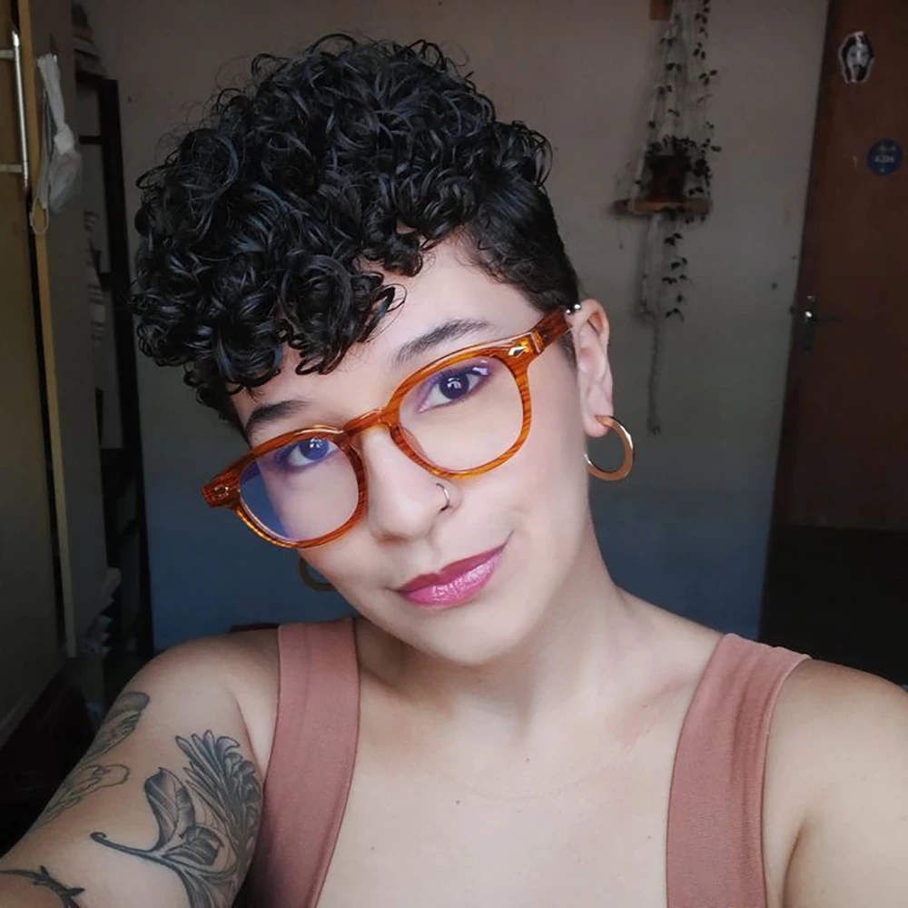 ピクシーカット巻き毛人毛女性用ショートボブ人毛ウィッグ100％ショート縮れ毛人毛フルマシンウィッグ