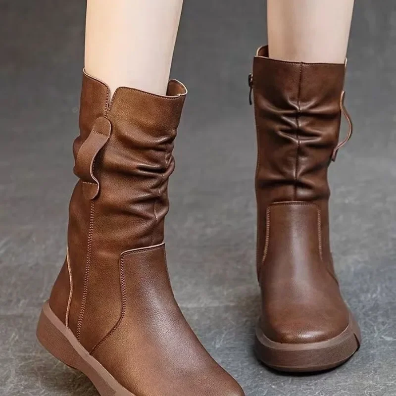 Platform Ladies Mid Calf Shoes Leather Brown Women's Half High Boots 2024 New on Offer Winter Novelty Large Size Warm Waterproof image 4