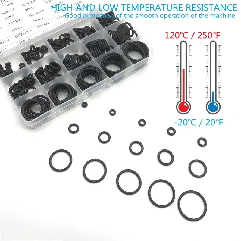 225pcs/Box Rubber O Ring Thickness 2.4mm Assortment Black Sealing Gaskets Set Nitrile Washer High Quality For Car Gasket 15 Size