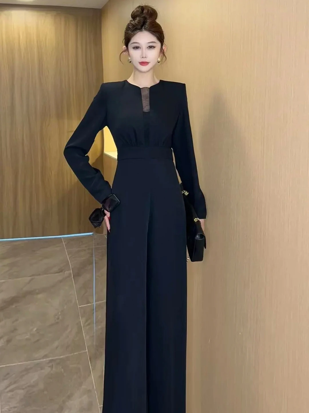 Damski kombinezon z wysokim stanem i szerokimi nogawkami, zestaw na jesień 2025, nowy, elegancki, do pracy, z włókna poliestrowego, długi garnitur ze spodniami.