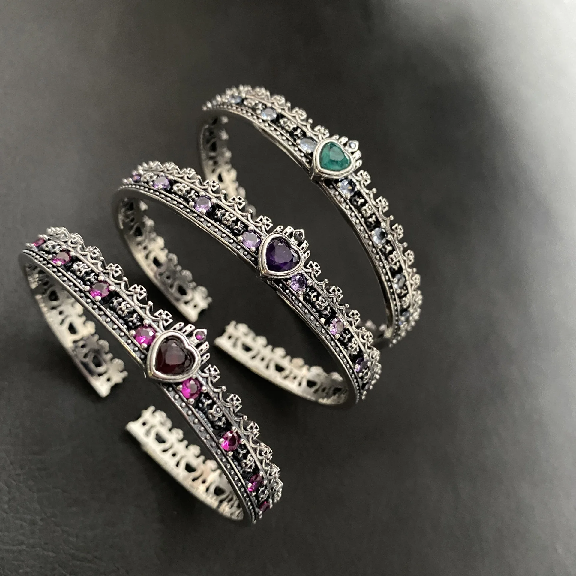 Vintage color zircon cross crown love high-end open silver bracelet women's light luxury bracelet