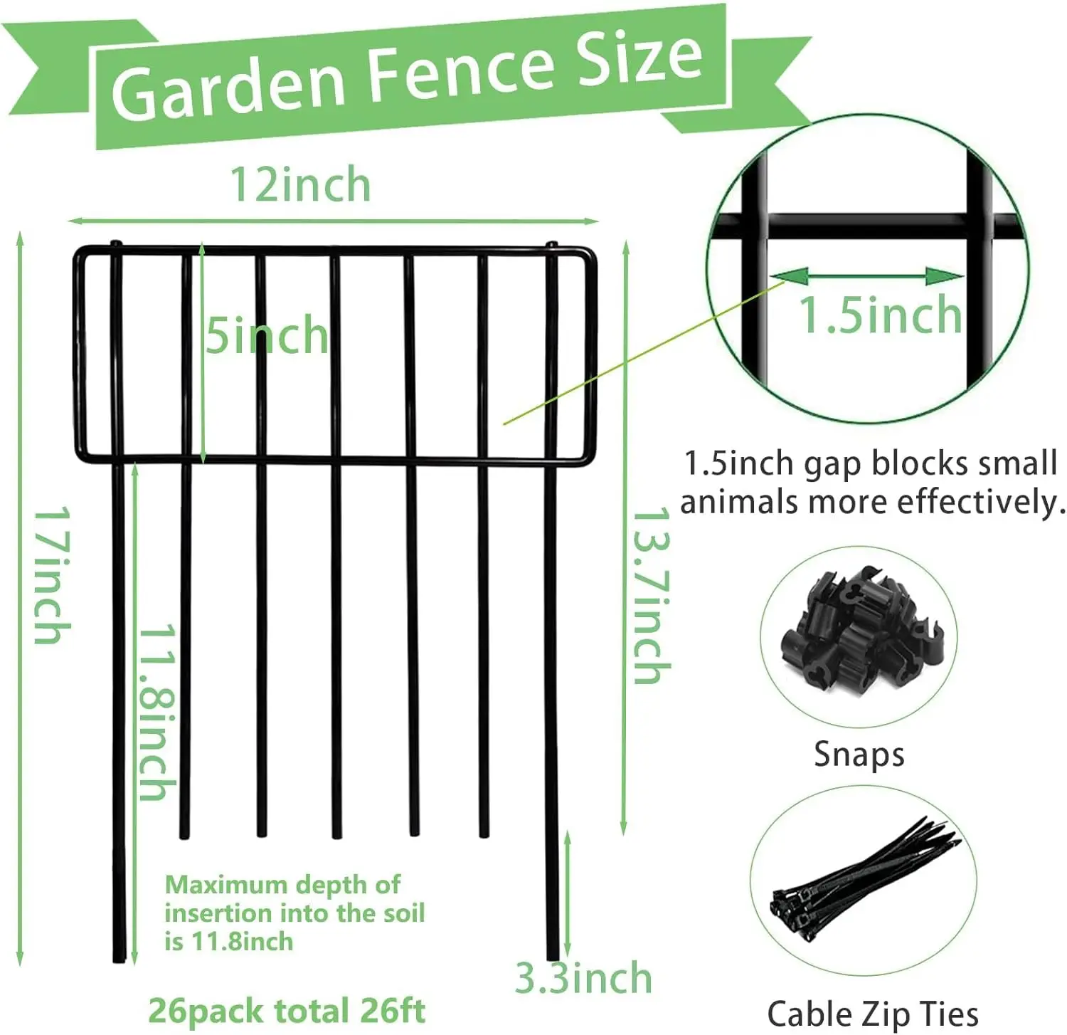 26 Pack No Dig Garden Fence, 17in High Rustproof Metal Wire Barrier for Dogs Rabbits, Easy Install
