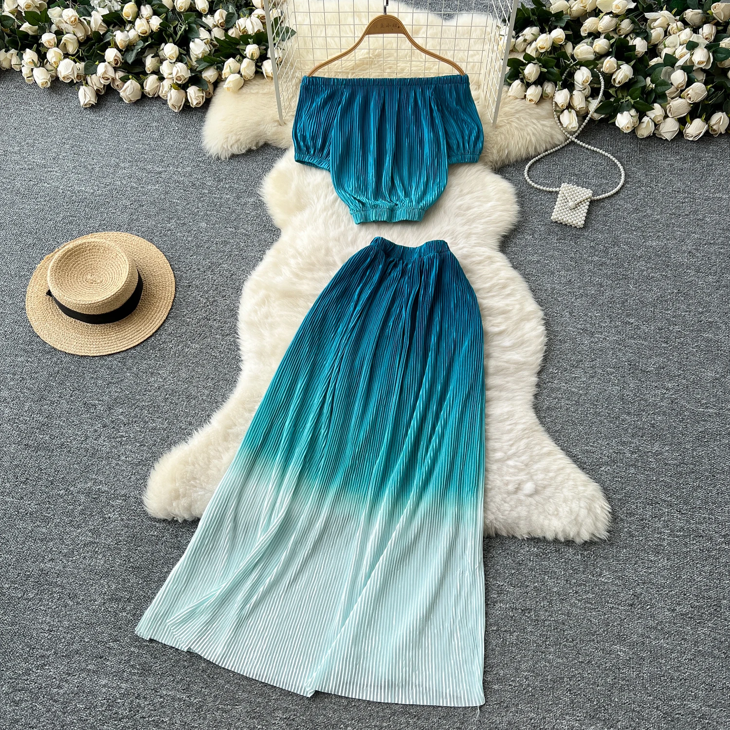 

Chic Sexy sweet slash neck backless puff sleeve Fairy Casual A-line Summer Beach Vestidos Women Party Two Piece Set