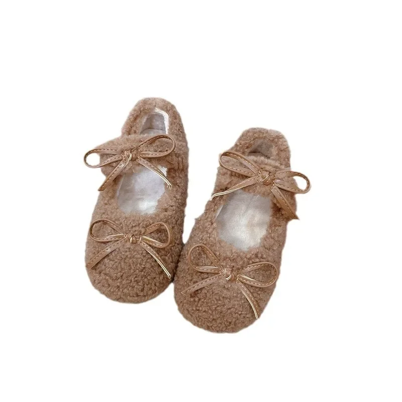 2024 Winter New Children Flats Fashion Double Bowknot Fur Cover Toe Warm Kids Casual Shoe Plush Warm Non-slip Mary Jane Shoes