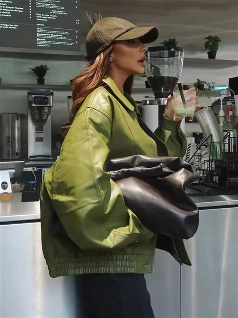 Fmxirres vert Olive veste en cuir manteau femmes automne Vintage haute rue fermeture éclair revers court pardessus ample haut décontracté vêtements d'extérieur