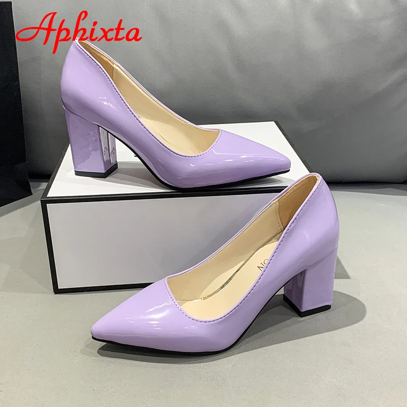 Aphixta-Pointed Toe sapatos de couro para mulheres, saltos grossos, bombas, roxo, colorido, plus size 50, novo, 2.9\