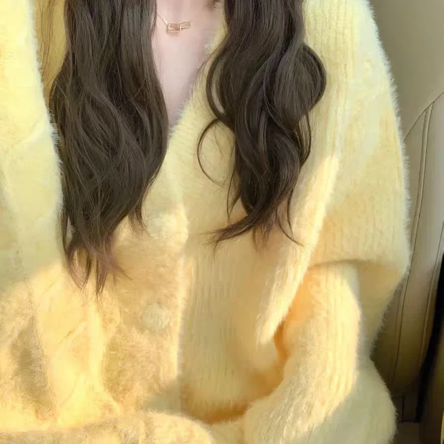 

Women's Loose Lazy Style Autumn Winter Outerwear Knitted Sweater Top Yellow Milk Fufu V-neck Mink Velvet Open Cardigan