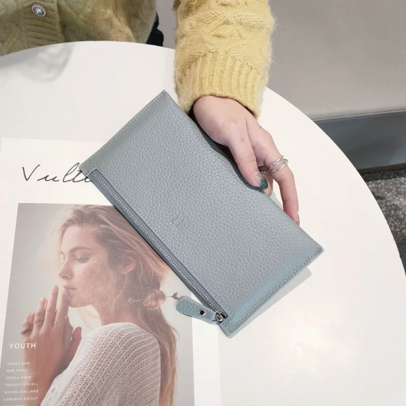 Genuine Leather Women's Wallet Zipper Long Large Capacity Phone Card Money Clip Coin Purse Solid Color Litchi Pattern Clutch Bag