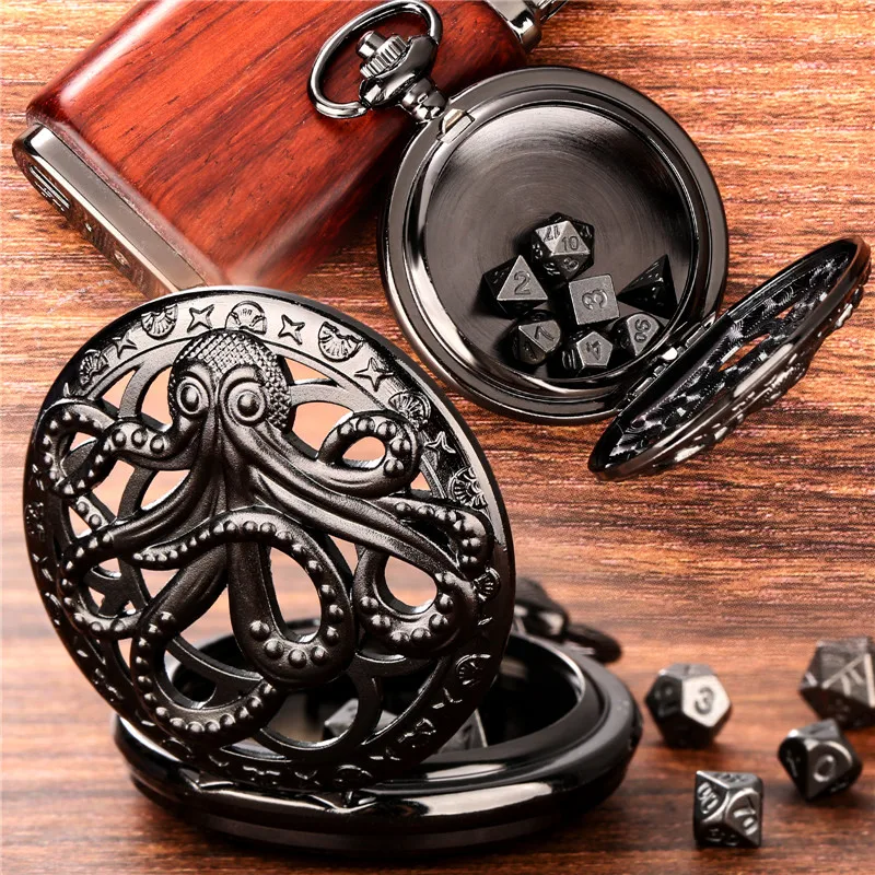

Retro Hollow Octopus Pocket Watch Case Pendant Chain with 7pcs Metal Polyhedral Dice Game Accessory