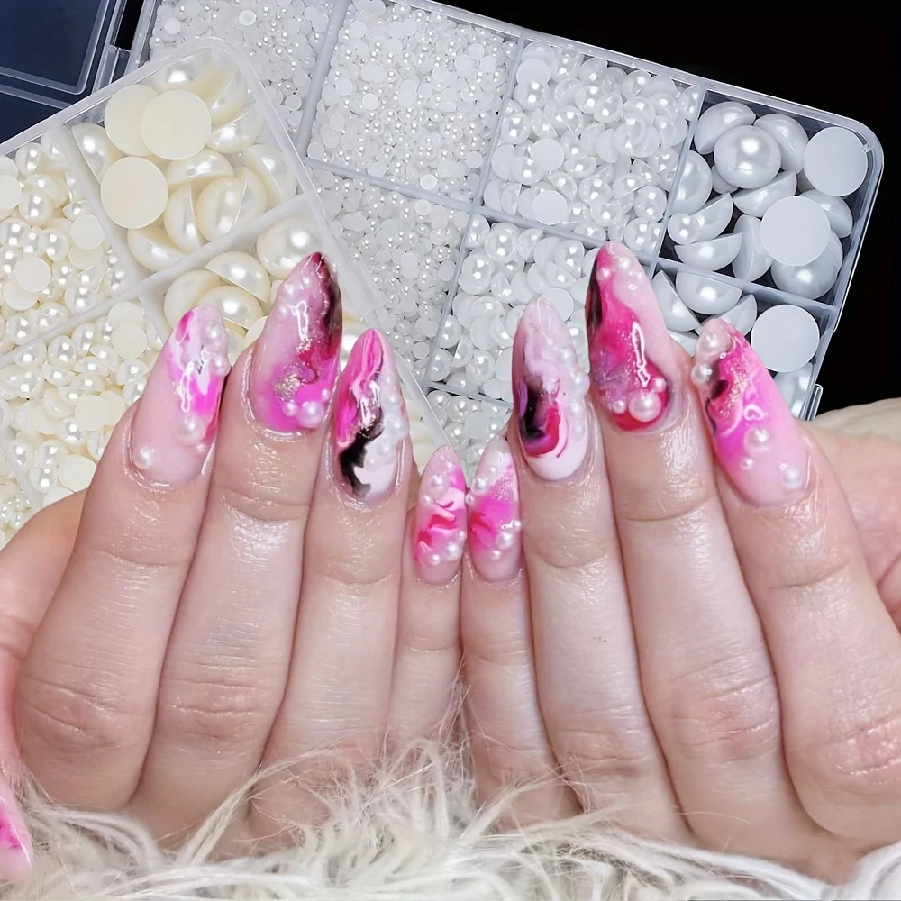 11330 ชิ้น 24 กริดสีขาวแบนไข่มุกเล็บสำหรับตกแต่งเล็บ, ครึ่งรอบไข่มุกสำหรับงานฝีมือ