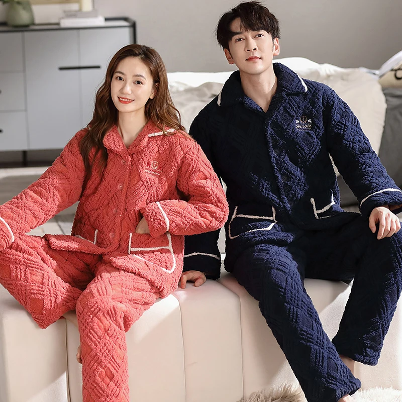 Newest Couple Coral Velvet Quilted Pajama Sets Thick 3 Layers Clip Cotton Pyjamas Winter Women Men Long Sleeve Home Wear