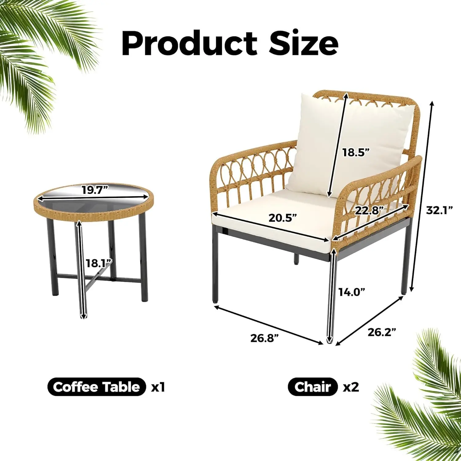 طقم أثاث فناء بيسترو من الخيزران مناسب لجميع الأحوال الجوية مكون من 3 قطع مع طاولة زجاجية ووسائد سميكة، بيج - مثالي للشرفة والجار