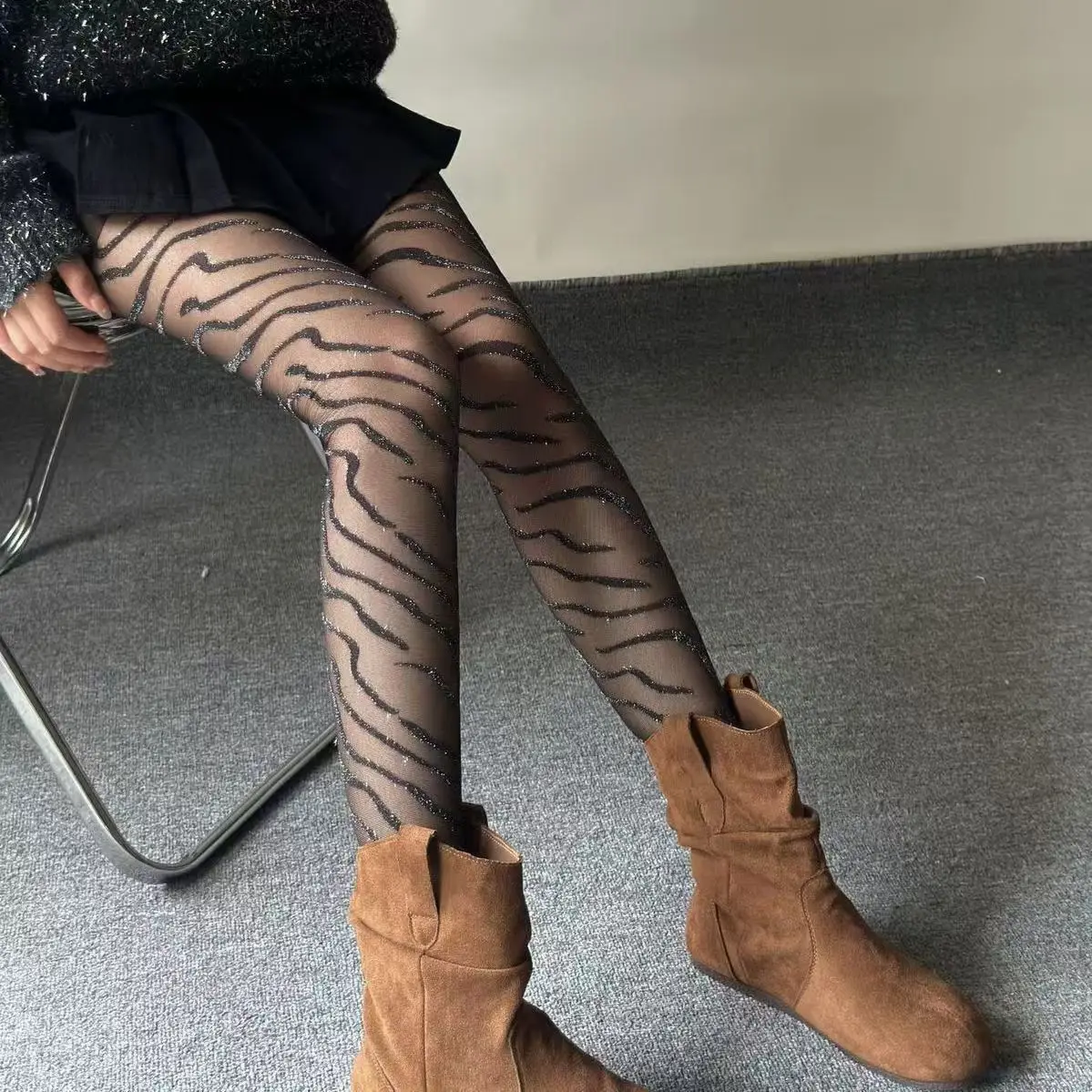 Zebra Striped Vertical Lines Cross Silver Thread Grid Pantyhose Women Tights Glitter Hosiery Stockings