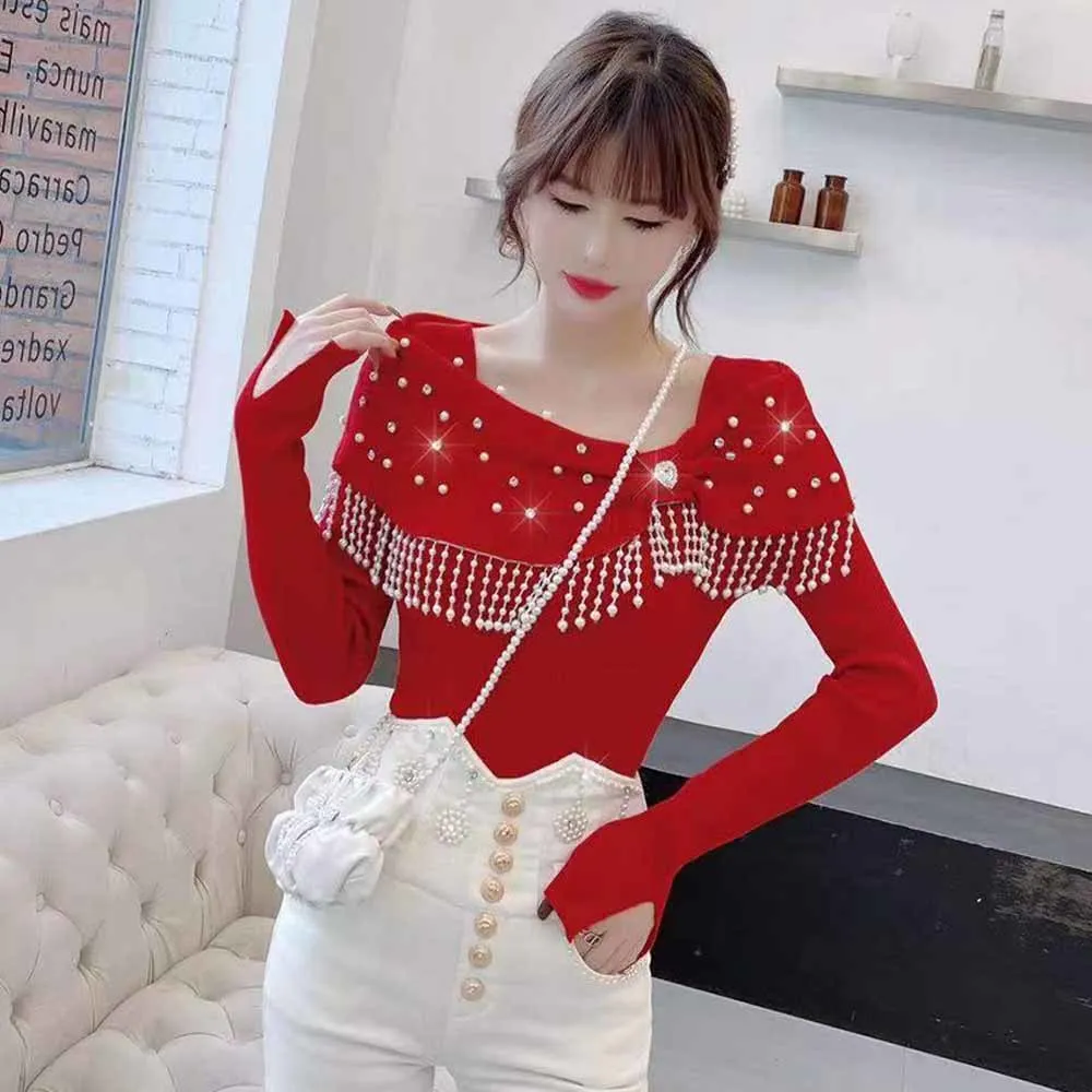 2022 New Korean Drill Beaded Sweater Women\'s Autumn winter French design sense fringed sweet long-sleeved bottoming top