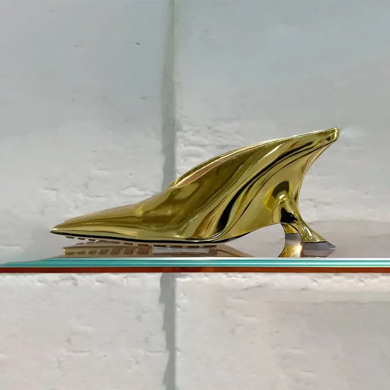 

European/american Summer New Shoes High Heels Coarse Slope Heels Lacquer Leather Metal Pointed Sexy Women's Large Shoes