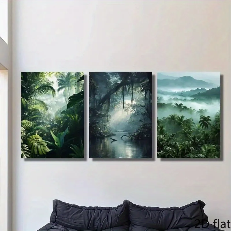 2D Flat, 3pcs of Canvas Printed Art, Sunlight Filtering Through Trees in A Dense Jungle, Natural Tropical Forest Poster, Daut