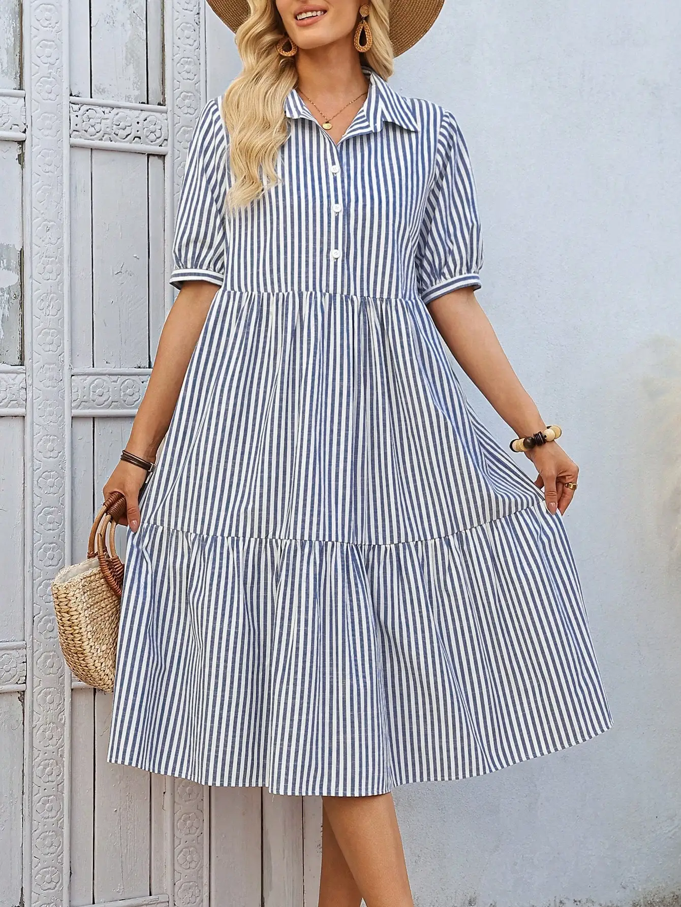 

Women's Striped Button-Up Tiered Midi Dress Casual Short Sleeve Summer Dress