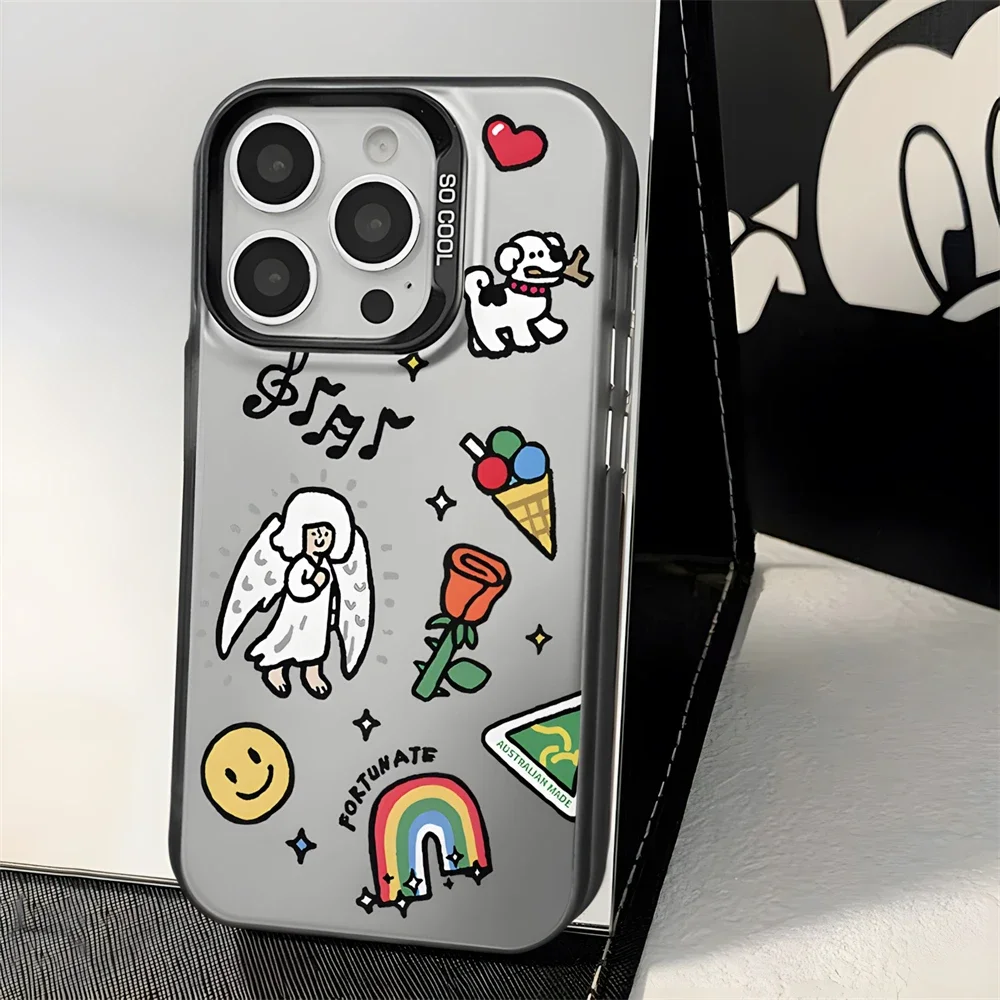 

Cute Doodle Sweet Angel Case for iPhone 14 15 16 Plus 11 12 13 Pro Max XR Love Heart Dog Anti-Scratch Matte Cover for Women Girl