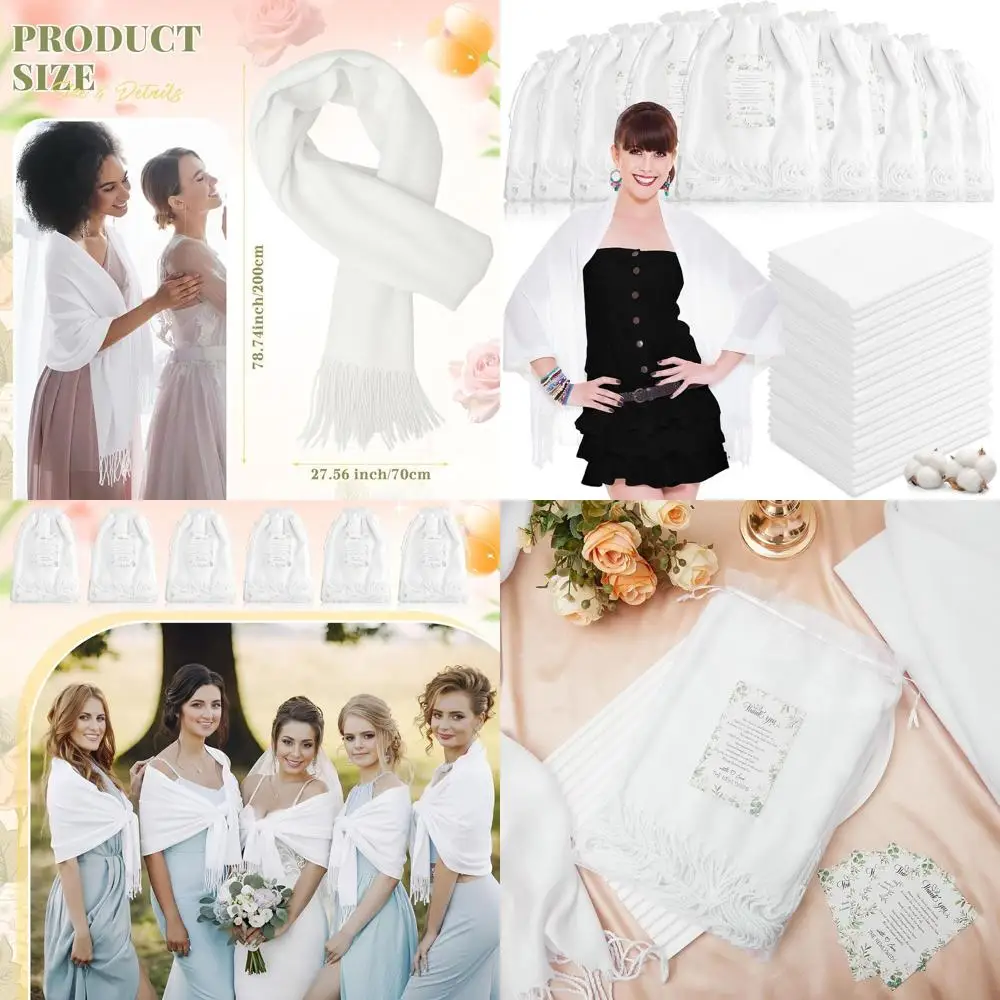 مجموعة شال أنيقة مع بطاقات كبيرة وحقيبة أورجانزا بيضاء لأوشحة الزفاف النسائية وأغطية وصيفات العروس ومفضلات الحفلات