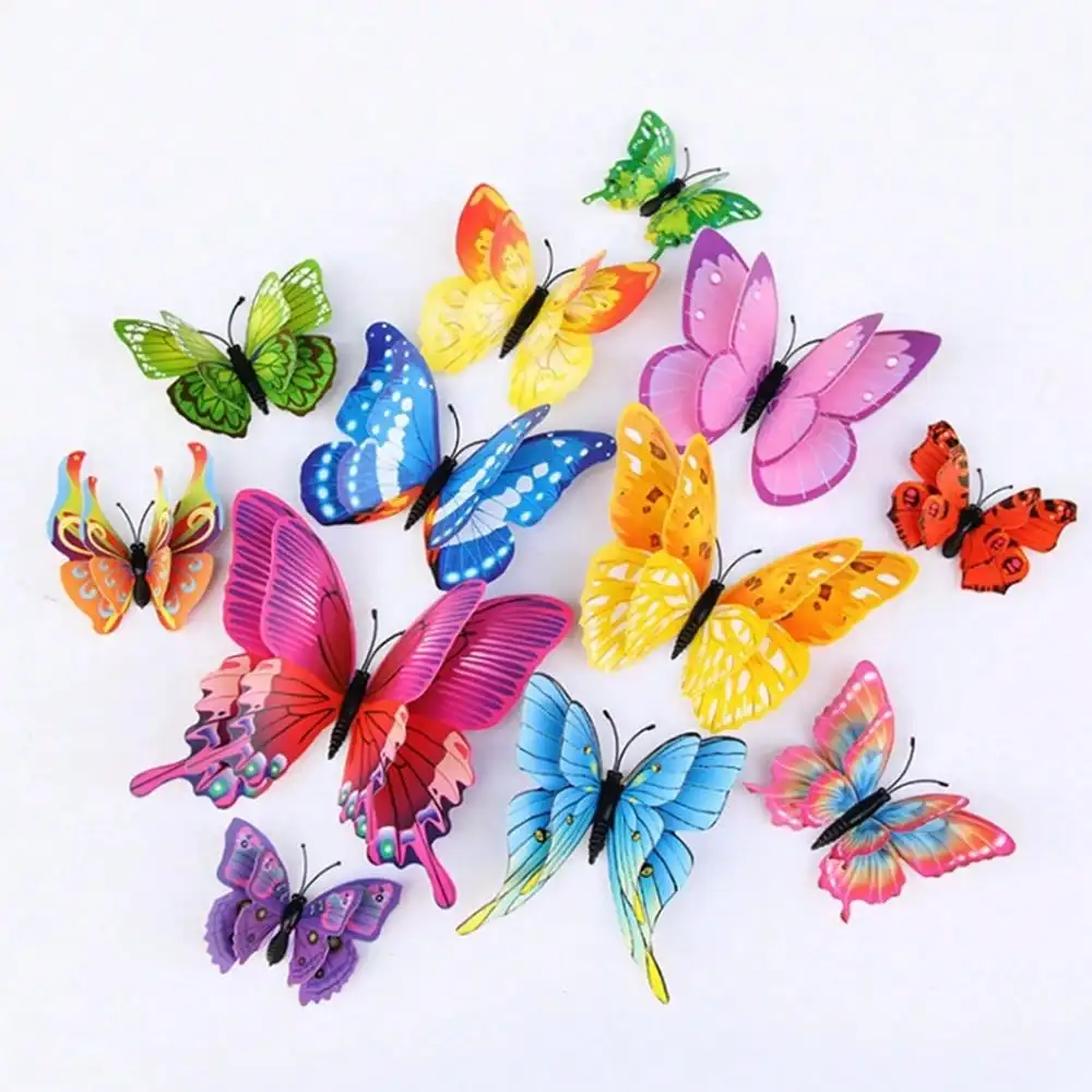 12pcs/Pack Multi-Color 3D Butterfly Wall Stickers With Single/Double Wings, PVC Fridge Magnets, Party Home Decoration