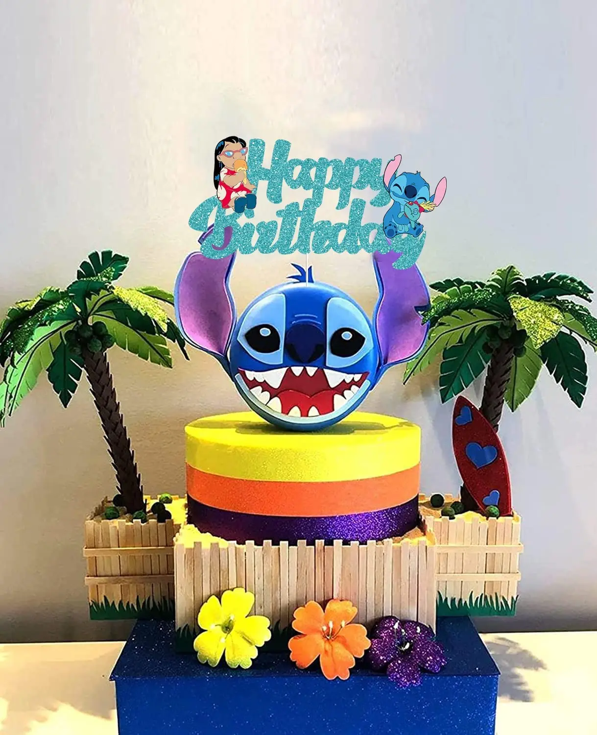 Lilo & Stitch Blue Glitter Cake Topper Happy Birthday Decors for Kids Birthday Party Baby Shower Sign Decorations Double-side