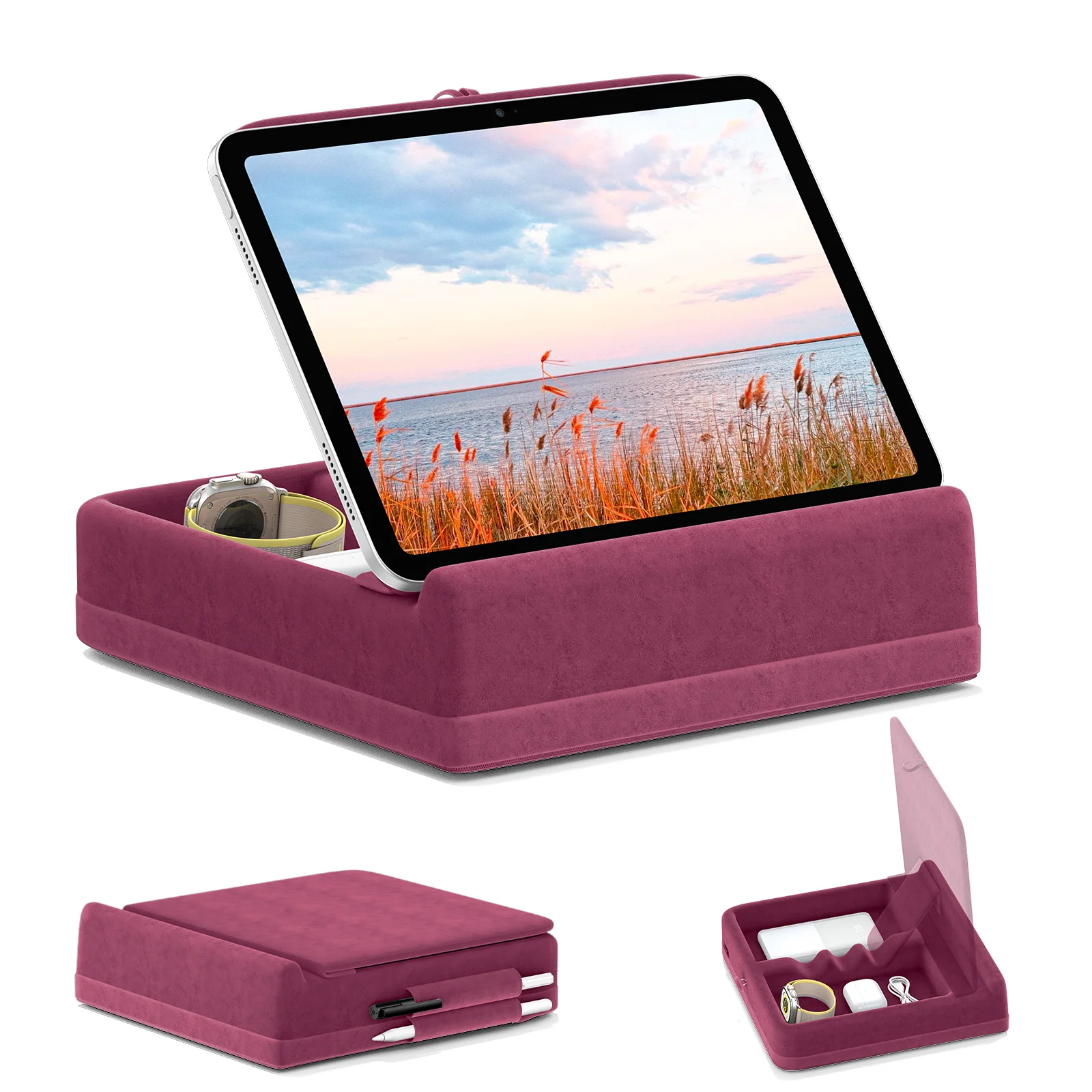 Tabletkussensstandaard met opbergruimte Opvouwbare iPad-houder voor bed en schoot en bureau In hoek verstelbaar zacht kussen Dock met stylushouder
