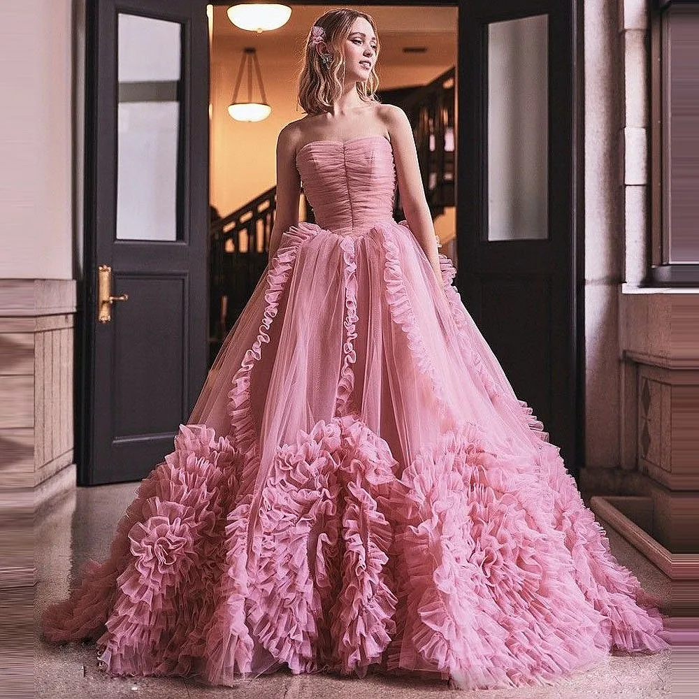 

Princess Pink Rose Prom Dresses Ruffled Puffy Tulle Wedding Party Gowns Women Ball Gown 2026 Spring Birthday Photoshoot Dress