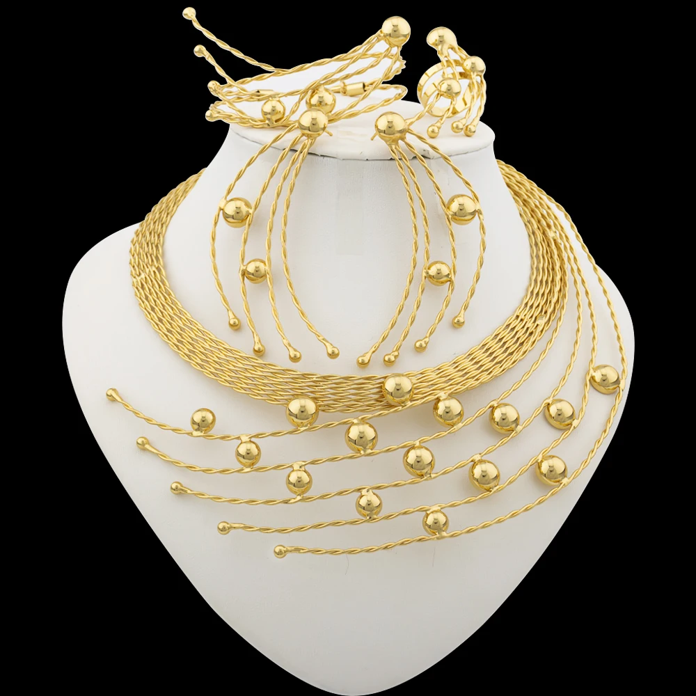 Luxury Gold Plated Jewelry Set Peacock Design Weddings Bridal Necklace and Earrings with Bnagle Ring Italian Gold Color Jewelry