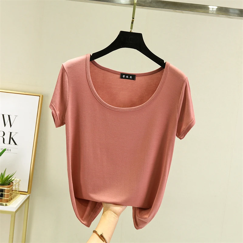 قميص نسائي صيفي بياقة على شكل حرف U وأكمام قصيرة، مقاس كبير، قميص أساسي من المودال، رقبة مستديرة، نصف كم، قميص خفيف بلون واحد...