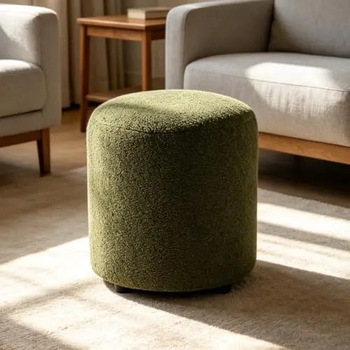 Modern Round Ottoman, Teddy Fleece Vanity Stool Footrest, Upholstered Stool for Makeup, Bedroom, Living Room, Dark Green