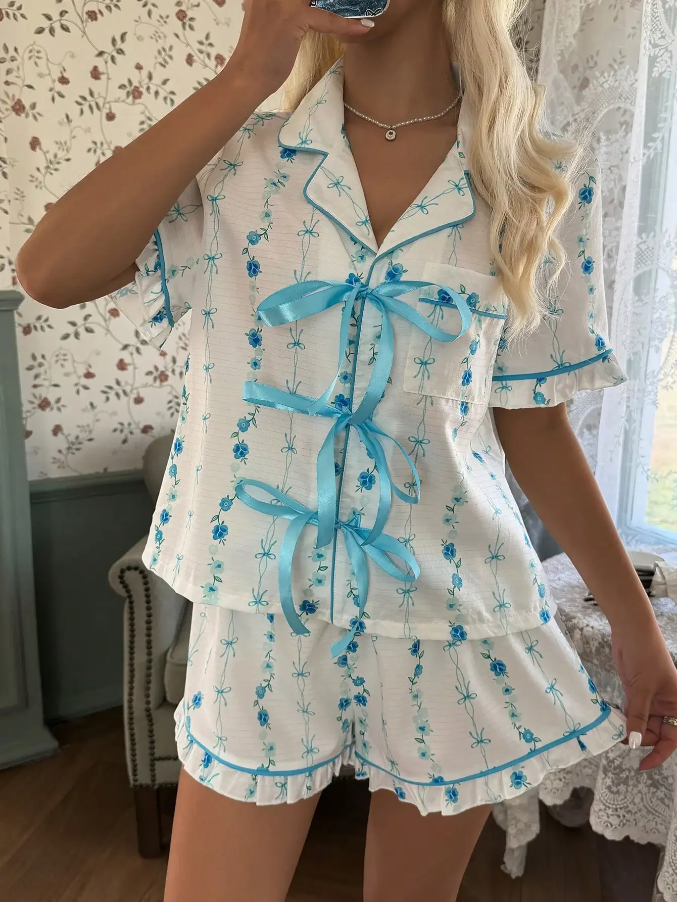 Romantic Floral Print Pajama Set, Sweet Bow Tie Decor French Romantic Drawstring Pajama Set, Elegant Ladies Sleepwear Set