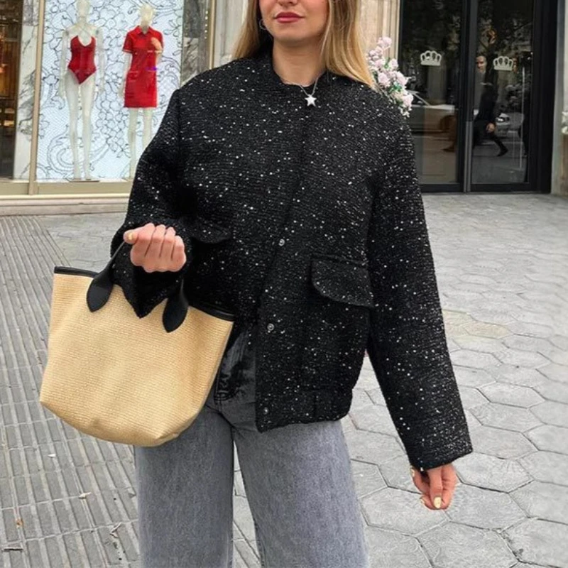 Tweed Vintage Sequin Jacket Women 2025 Autumn Winter Golden Elegant Off Shoulder Waist Long Sleeve Coat