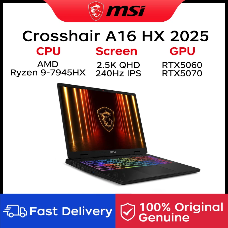 2025 MSI Crosshair A16 HX Gaming Laptop 16 Inch QHD 2.5K 240Hz IPS Screen Netbook AMD Ryzen R9-7945HX 32GB 2TB RTX5060 Notebook