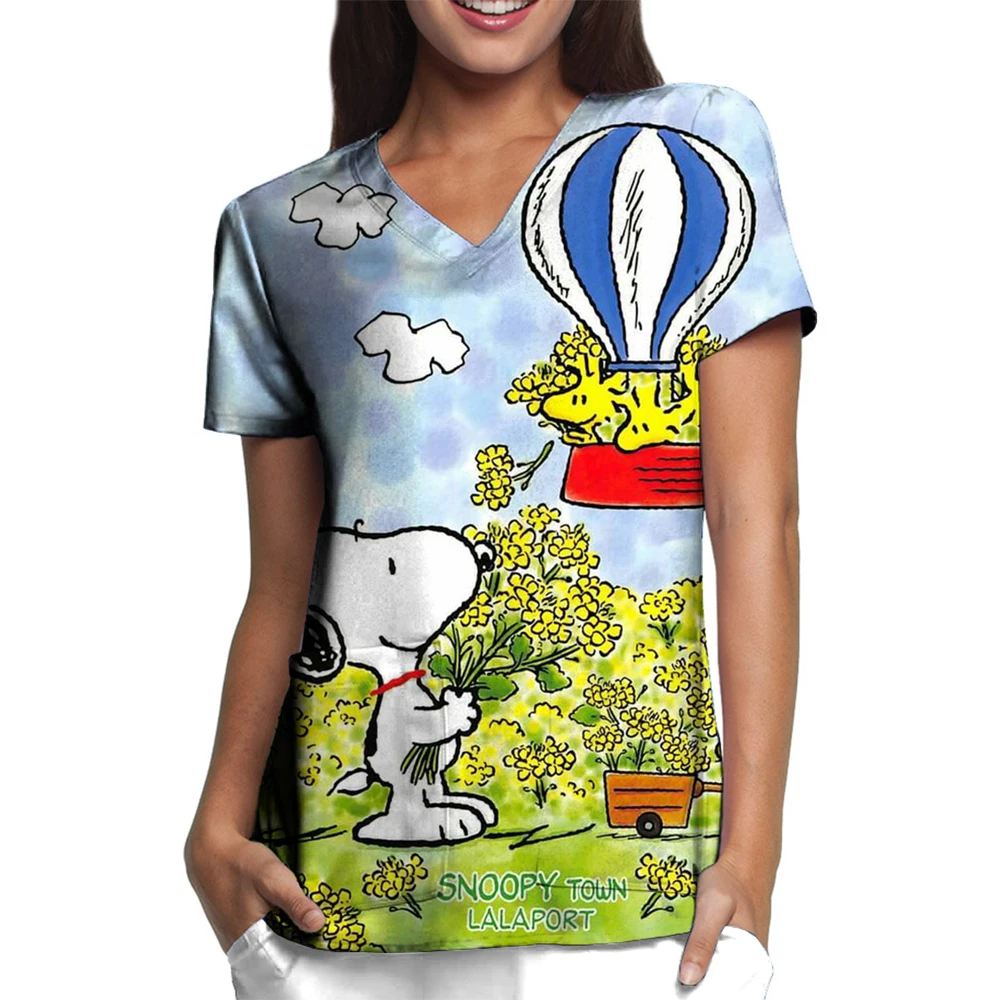 Pocket Women's T-shirt Women's V Neck Nurse Uniform T-Shirt Y2k Clothes Snoopy S-2XL Cheap Top New Hospital Woman Clothing 2025