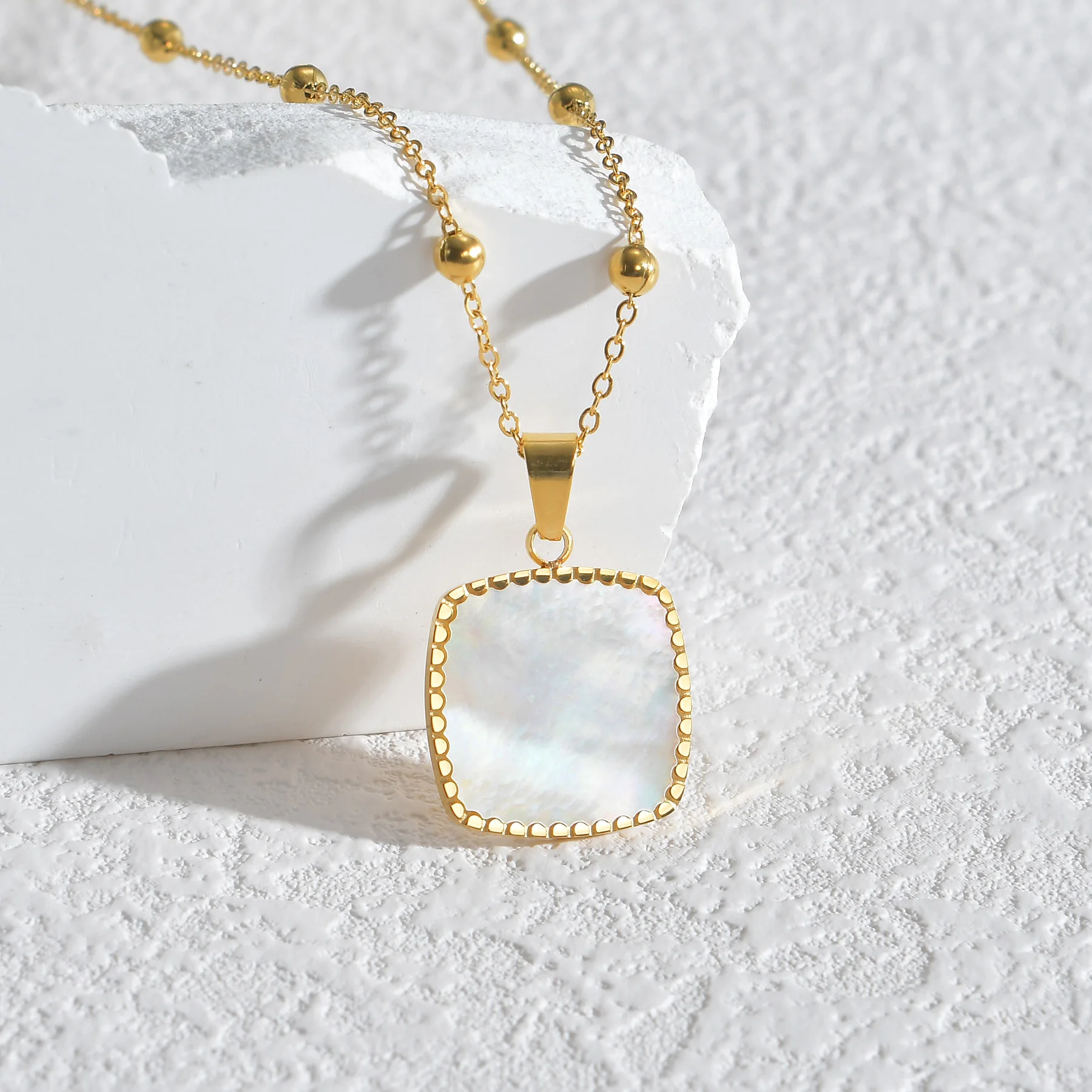 Geometric Square Shell Necklace Bead Chain Gold Color Stainless Steel Jewelry Beautiful Earring for Women Mother Christmas Gift image 5