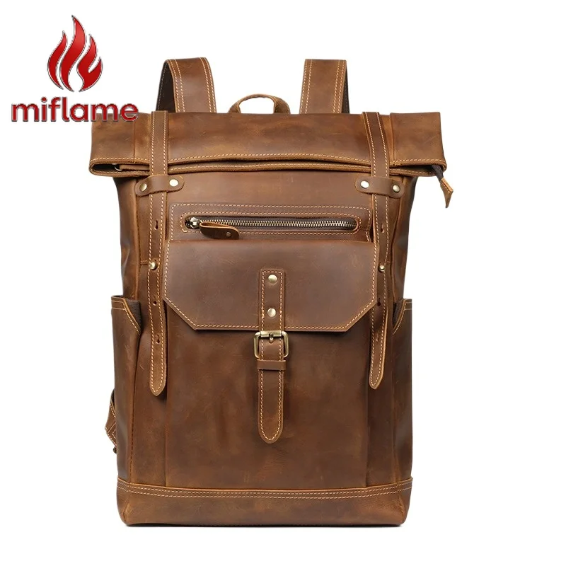 Men's Backpack Genuine Leather Crazy Horse Leather Travel Hiking Backpack Large Capacity Vintage Rucksack