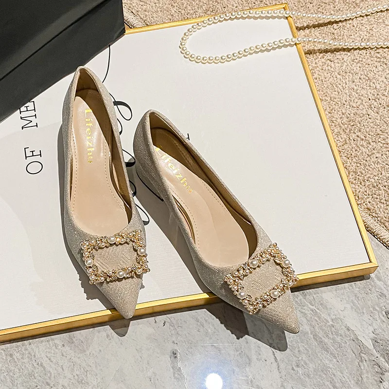 

Plus Large Size 35-43 New Spring Summer Pearl Lock Chunky Heel Pointed Toe Women Shoes Fashion Rhinestone Evening Shoes C126